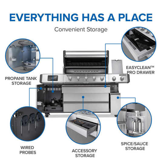 Napoleon Prestige PRO 665 Elite storage compartments for accessories, temperature probes, propane tank, and sauces