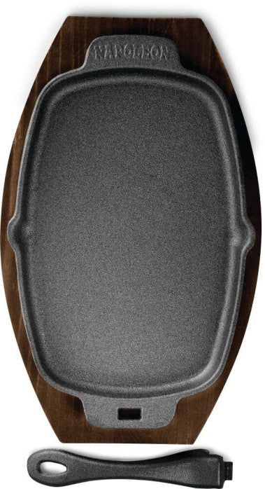 Napoleon PRO Series Porcelain-Coated Cast Iron Sizzle Platter with Removable Handle and Wooden Serving Tray