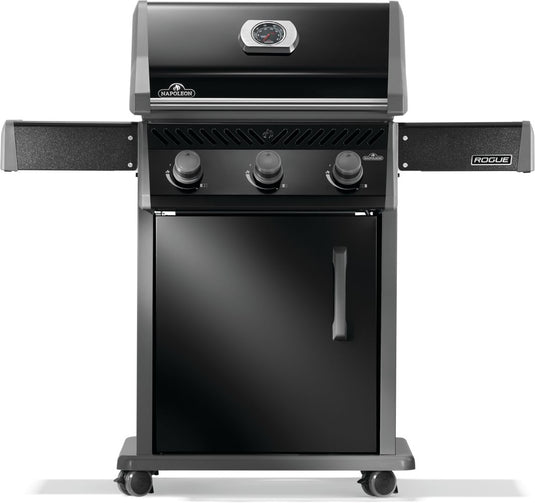 Napoleon Rogue 425 black 3-burner gas grill front view with extended side shelves