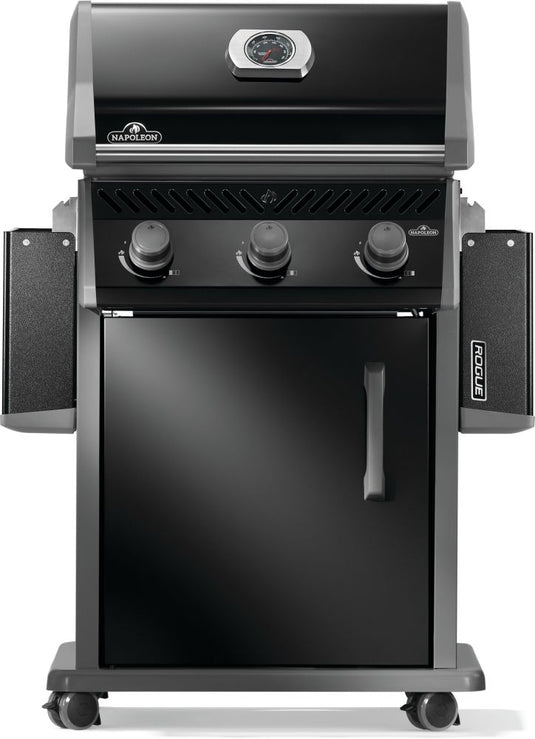 Napoleon Rogue 425 black gas grill front view with both side shelves folded down