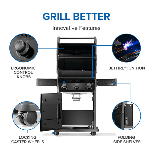 Napoleon Rogue 425 grill features including JETFIRE ignition, ergonomic control knobs, folding shelves, and locking caster wheels