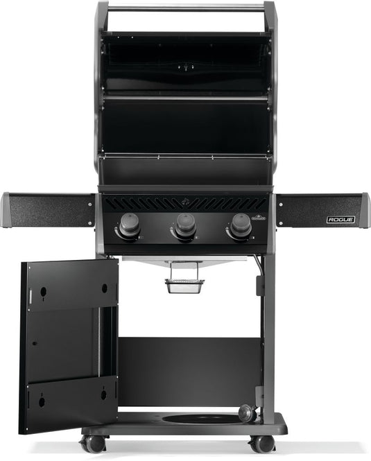 Napoleon Rogue 425 black gas grill with cooking lid and lower cabinet door open