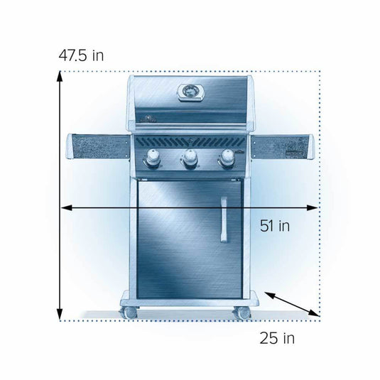 Napoleon Rogue 425 gas grill dimensions diagram showing overall width, height, and depth