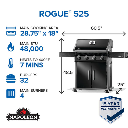Napoleon Rogue 525 grill with specifications and dimensions on a white background