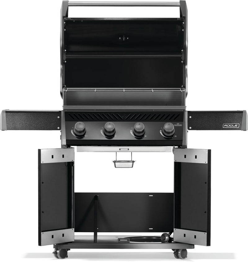 Load image into Gallery viewer, Napoleon Rogue 525 Black Gas Grill with Stainless Steel Grids and 4 Burners with open doors on a white background
