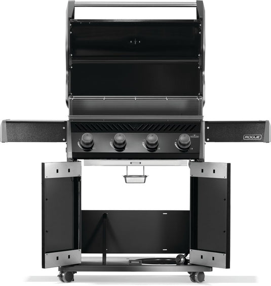 Napoleon Rogue 525 Black Gas Grill with Stainless Steel Grids and 4 Burners with open doors on a white background