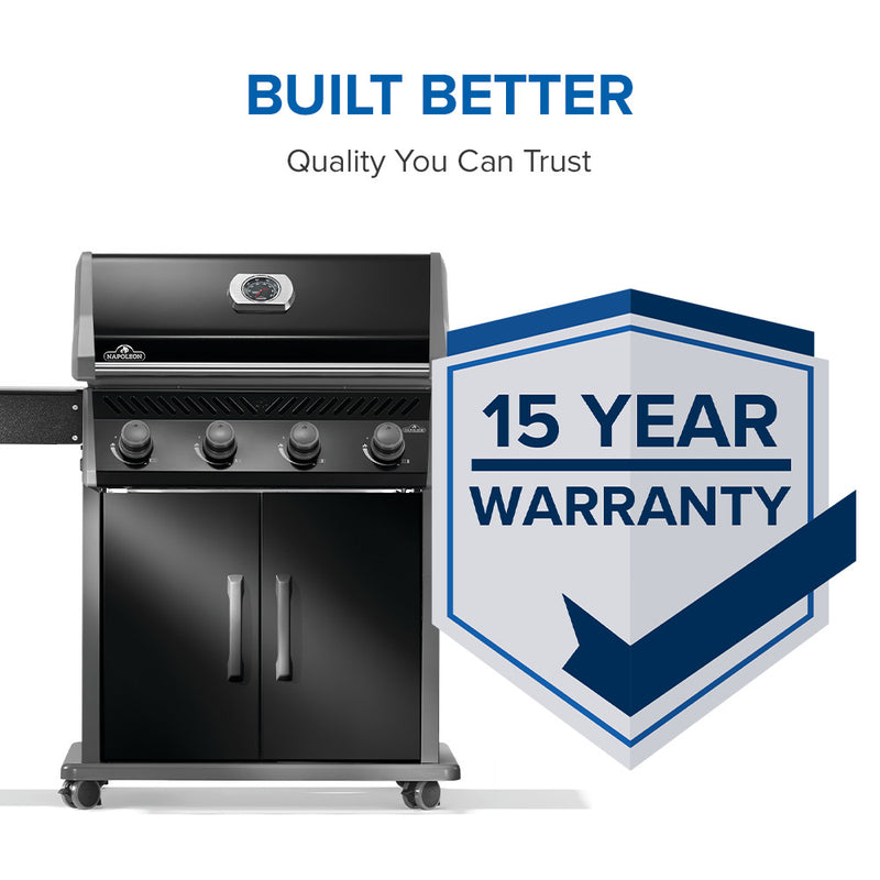 Load image into Gallery viewer, Napoleon Rogue 525 Black Gas Grill with Stainless Steel Grids and 4 Burners with a 15-year warranty badge on a white background
