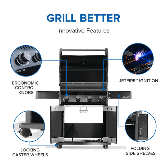 Napoleon Rogue 525 Black Gas Grill with Stainless Steel Grids and 4 Burners with labeled features including ergonomic control knobs, jetfire ignition, locking caster wheels, and folding side shelves on a white background.