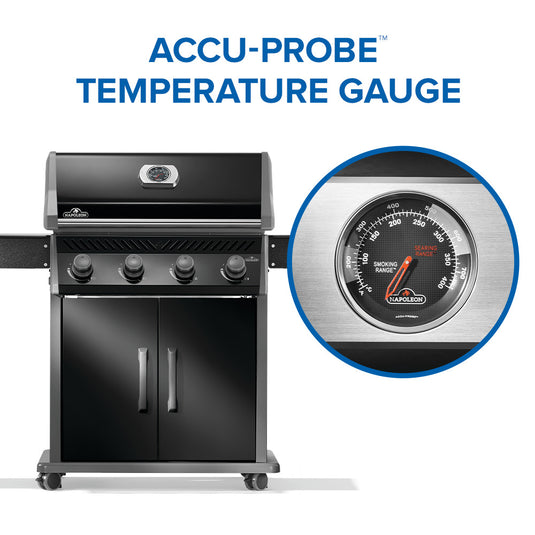 Napoleon Rogue 525 Black Gas Grill with Stainless Steel Grids and 4 Burners with Accu-Probe temperature gauge on a white background