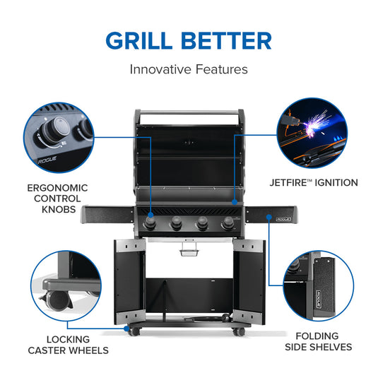 Grill with labeled features including ergonomic control knobs, jetfire ignition, locking caster wheels, and folding side shelves on a white background.