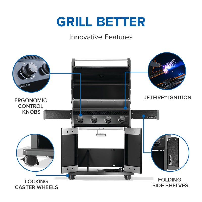 Load image into Gallery viewer, Grill with labeled features including ergonomic control knobs, jetfire ignition, locking caster wheels, and folding side shelves on a white background.
