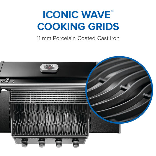 Napoleon grill with 'Iconic Wave Cooking Grids' and close-up detail on a white background