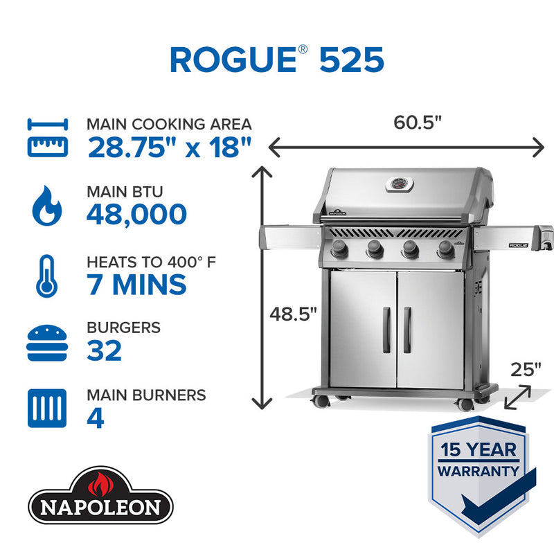 Load image into Gallery viewer, Napoleon Rogue 525 grill with specifications and dimensions on a white background
