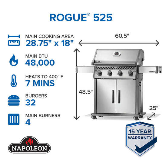Napoleon Rogue 525 grill with specifications and dimensions on a white background