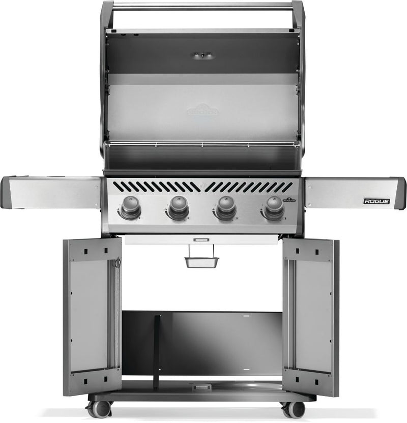 Load image into Gallery viewer, Napoleon Rogue 525 stainless steel gas grill with 4 burners and spacious cooking area with open side doors on a white background
