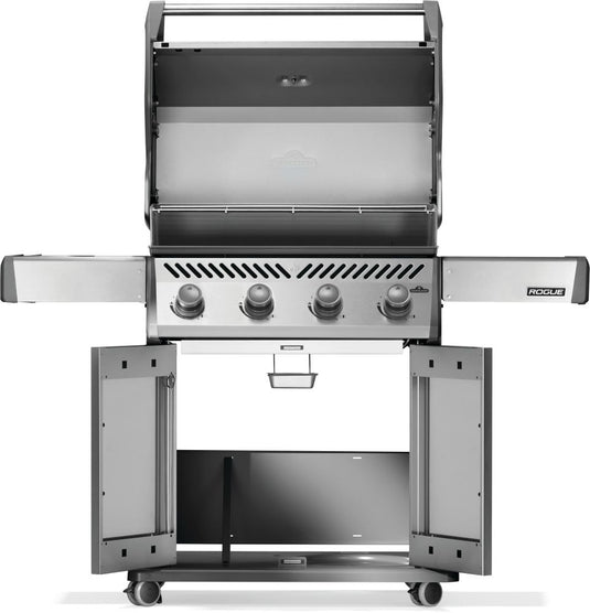 Napoleon Rogue 525 stainless steel gas grill with 4 burners and spacious cooking area with open side doors on a white background