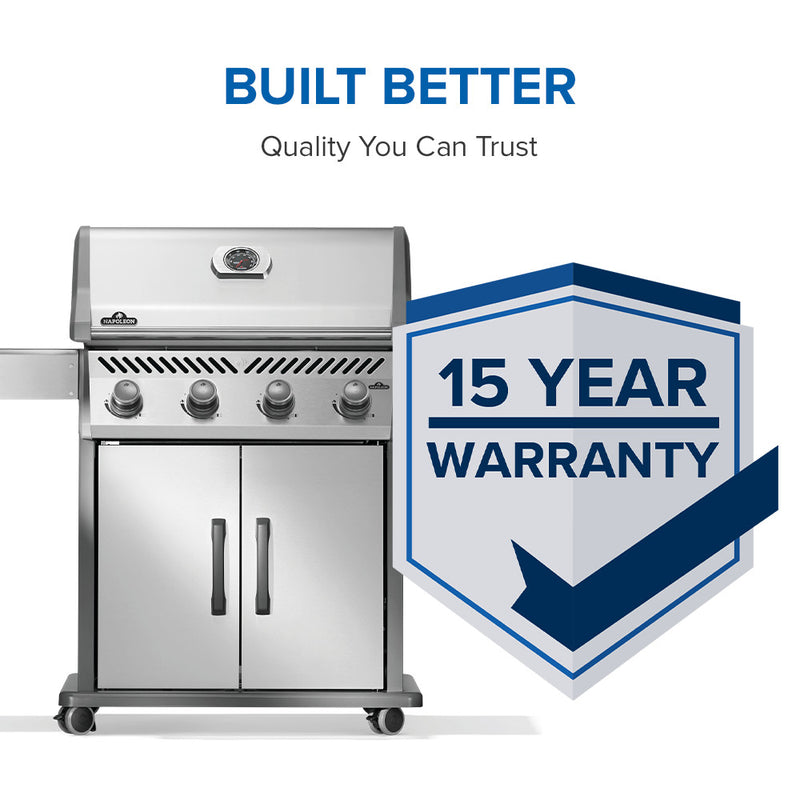 Load image into Gallery viewer, Napoleon Rogue 525 stainless steel gas grill with 4 burners and spacious cooking area with a 15-year warranty badge on a white background

