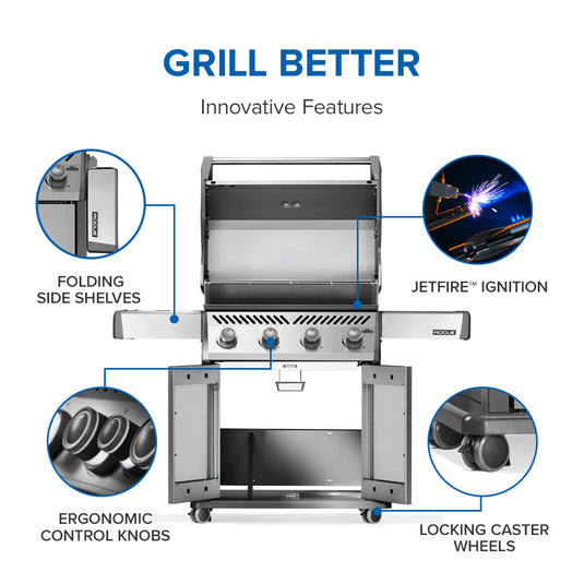 Napoleon Rogue 525 stainless steel gas grill with 4 burners with features highlighted on a white background