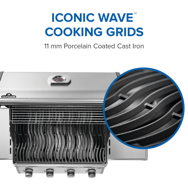 Load image into Gallery viewer, Napoleon Rogue 525 stainless steel gas grill with 4 burners with Iconic Wave cooking grids and close-up detail on a white background
