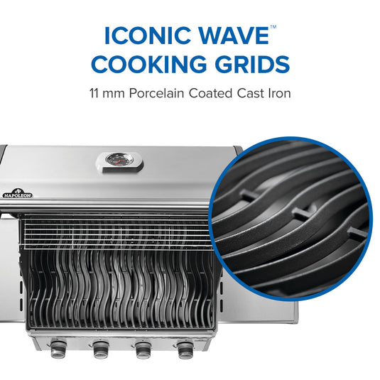 Napoleon Rogue 525 stainless steel gas grill with 4 burners with Iconic Wave cooking grids and close-up detail on a white background