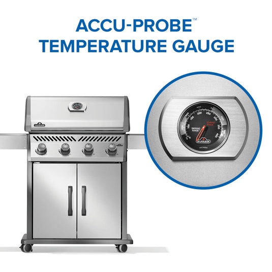 Napoleon Rogue 525 stainless steel gas grill with 4 burners with Accu-Probe temperature gauge on a white background