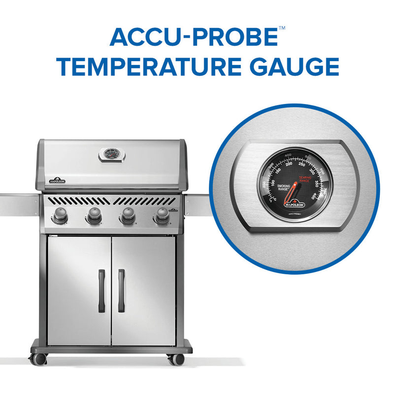 Load image into Gallery viewer, Napoleon Rogue 525 stainless steel gas grill with 4 burners with Accu-Probe temperature gauge on a white background
