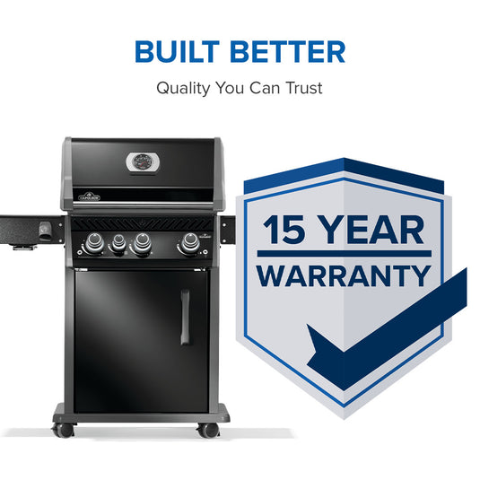 Napoleon Rogue PRO 425 SIB Black 4-Burner Gas Grill with Infrared Side Burner with a 15-year warranty badge on a white background