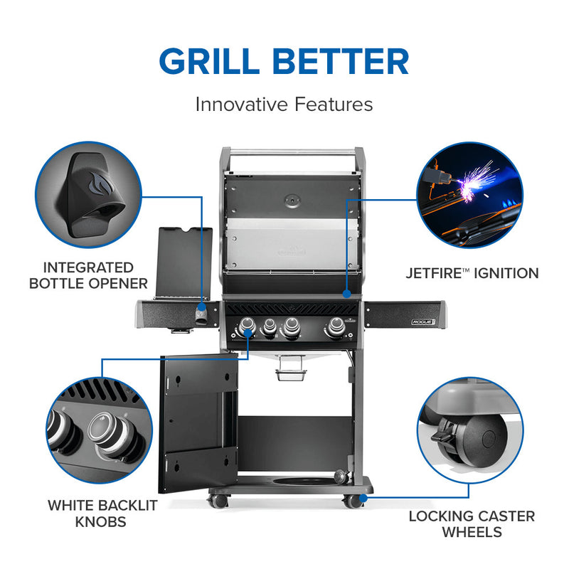 Load image into Gallery viewer, Napoleon Rogue PRO 425 SIB Black 4-Burner Gas Grill with Infrared Side Burner with labeled features on a white background
