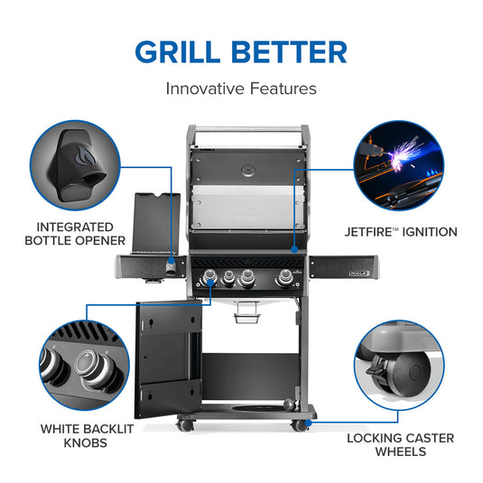 Napoleon Rogue PRO 425 SIB Black 4-Burner Gas Grill with Infrared Side Burner with labeled features on a white background