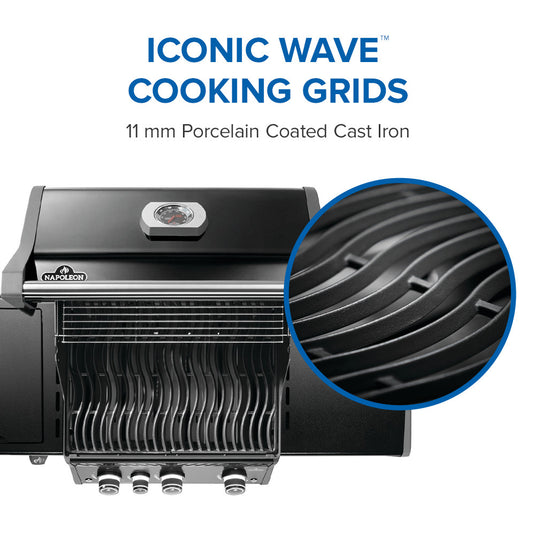 Napoleon Rogue PRO 425 SIB Black 4-Burner Gas Grill with Infrared Side Burner with iconic wave cooking grids and close-up detail on a white background