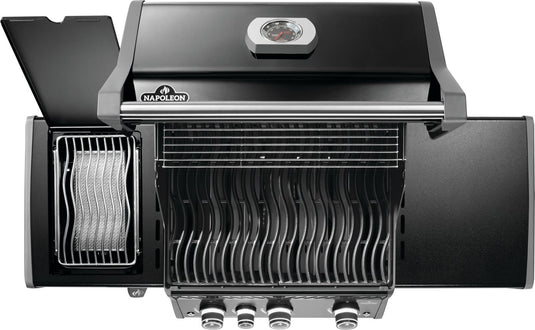 Napoleon Rogue PRO 425 SIB Black 4-Burner Gas Grill with Infrared Side Burner with open lid on a white background