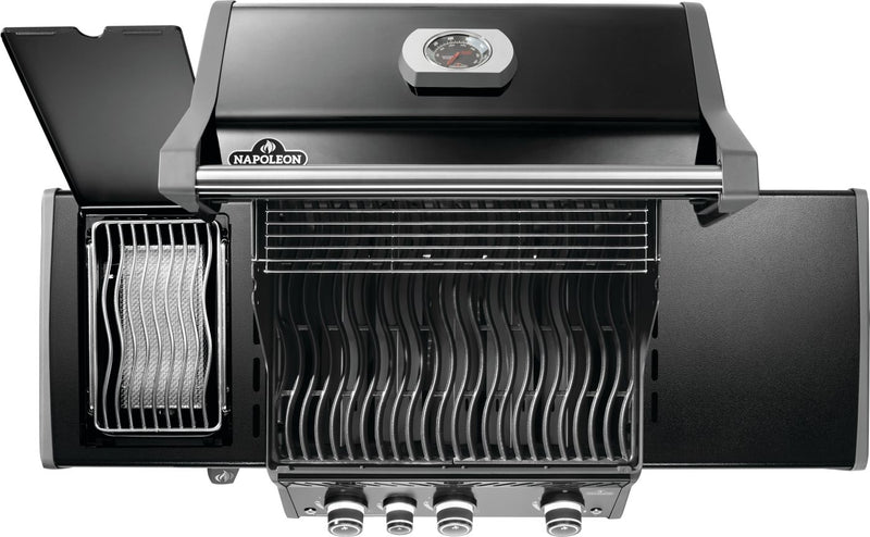 Load image into Gallery viewer, Napoleon Rogue PRO 425 SIB Black 4-Burner Gas Grill with Infrared Side Burner with open lid on a white background
