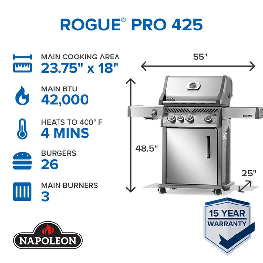 Napoleon Rogue® PRO 425 Stainless Steel Gas Grill with Infrared Side Burner and 4 Burners with specifications on a white background