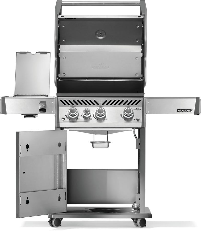 Load image into Gallery viewer, Napoleon Rogue® PRO 425 Stainless Steel Gas Grill with Infrared Side Burner and 4 Burners with open side panel on a white background
