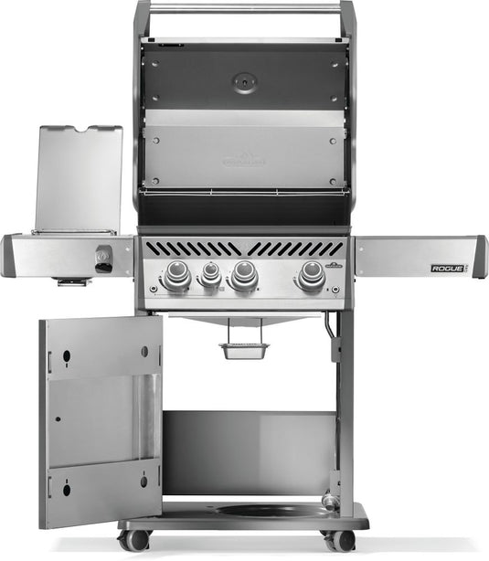 Napoleon Rogue® PRO 425 Stainless Steel Gas Grill with Infrared Side Burner and 4 Burners with open side panel on a white background