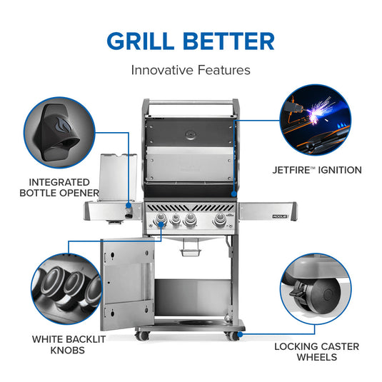 Napoleon Rogue® PRO 425 Stainless Steel Gas Grill with Infrared Side Burner and 4 Burners features highlighted on a white background