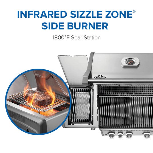 Napoleon Rogue® PRO 425 Stainless Steel Gas Grill with Infrared Side Burner and 4 Burners with infrared sizzle zone side burner and close-up of flames cooking food.