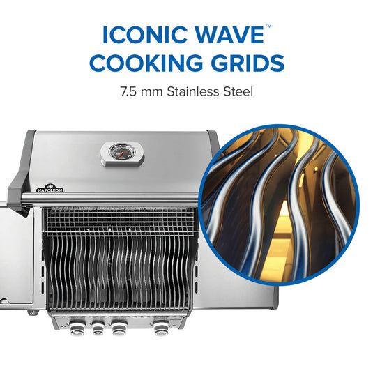 Napoleon Rogue® PRO 425 Stainless Steel Gas Grill with Infrared Side Burner and 4 Burners with 'Iconic Wave Cooking Grids' feature on a white background