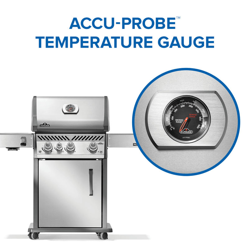 Load image into Gallery viewer, Napoleon Rogue® PRO 425 Stainless Steel Gas Grill with Infrared Side Burner and 4 Burners with Accu-Probe temperature gauge on a white background
