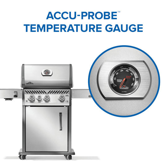 Napoleon Rogue® PRO 425 Stainless Steel Gas Grill with Infrared Side Burner and 4 Burners with Accu-Probe temperature gauge on a white background