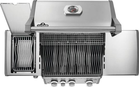 Napoleon Rogue® PRO 425 Stainless Steel Gas Grill with Infrared Side Burner and 4 Burners with open lid on a white background