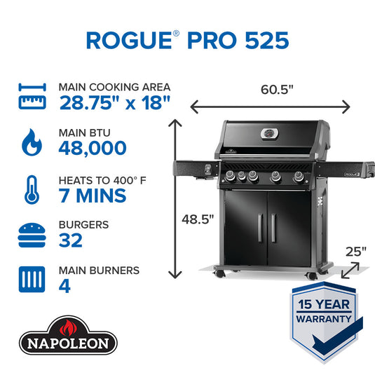 Napoleon Rogue Pro 525 grill with specifications on a white background