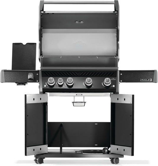 Napoleon Rogue PRO 525 SIB Black Gas Grill with Infrared Side Burner and 5 Burners with open lid on a white background