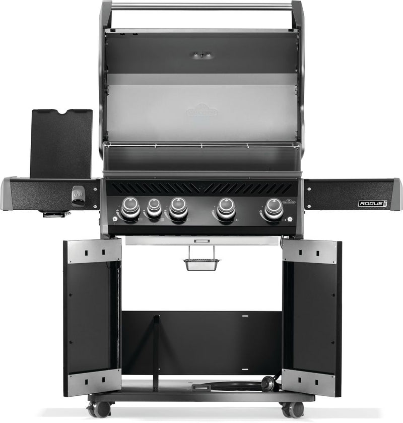 Load image into Gallery viewer, Napoleon Rogue PRO 525 SIB Black Gas Grill with Infrared Side Burner and 5 Burners with open lid on a white background
