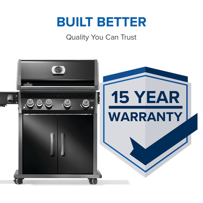 Load image into Gallery viewer, Napoleon Rogue PRO 525 SIB Black Gas Grill with Infrared Side Burner and 5 Burners with a 15-year warranty badge on a white background
