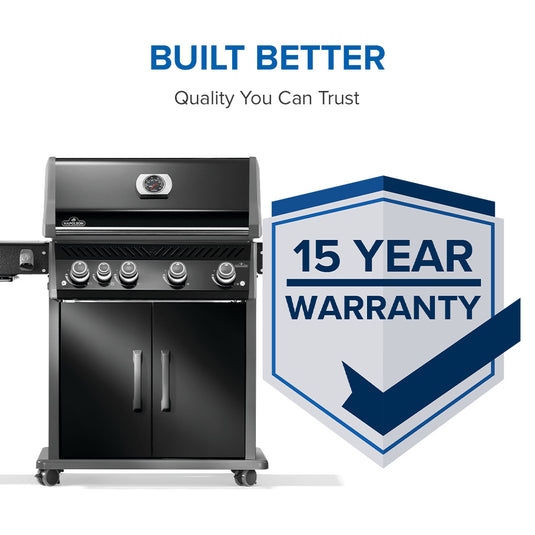 Napoleon Rogue PRO 525 SIB Black Gas Grill with Infrared Side Burner and 5 Burners with a 15-year warranty badge on a white background