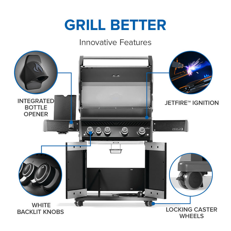 Load image into Gallery viewer, Napoleon Rogue PRO 525 SIB Black Gas Grill with Infrared Side Burner and 5 Burners with innovative features highlighted on a white background

