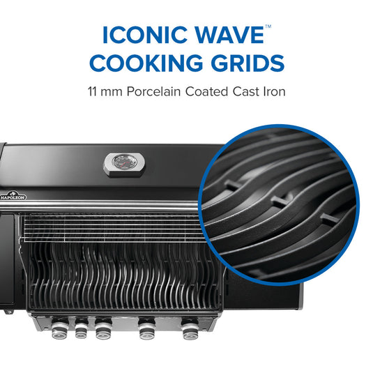 Napoleon Rogue PRO 525 SIB Black Gas Grill with Infrared Side Burner and 5 Burners with 'Iconic Wave Cooking Grids' text and close-up detail on a white background