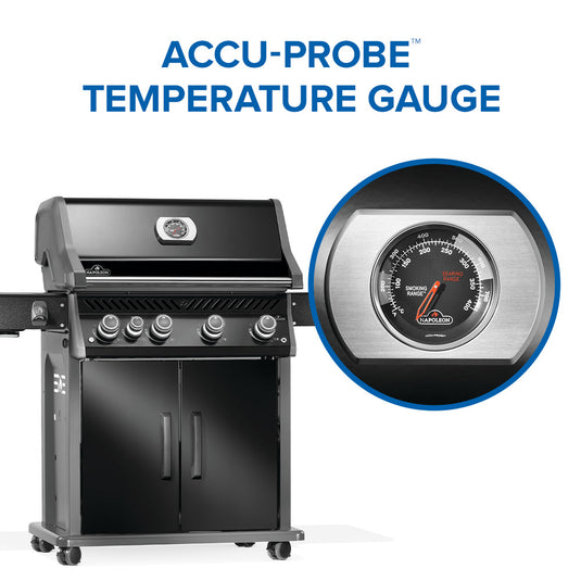 Napoleon Rogue PRO 525 SIB Black Gas Grill with Infrared Side Burner and 5 Burners with Accu-Probe temperature gauge on a white background