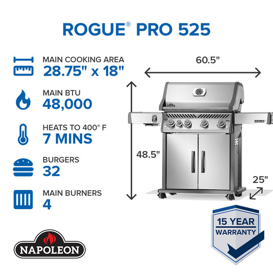Napoleon Rogue Pro 525 grill with specifications on a white background